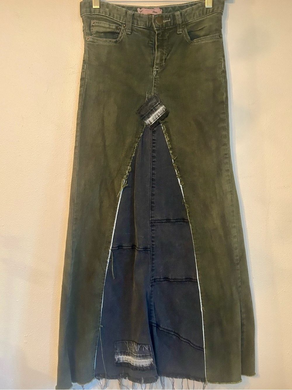 Upcycled free people olive green patchwork denim maxi skirt